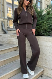 Cozycore Knit Zipper Long Sleeve Cardigan and Stretch Wide Leg Pants Set