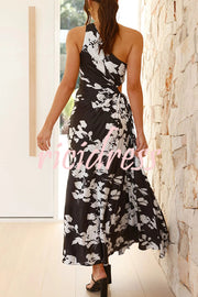 Laken Floral Print One Shoulder Adjustable Tie Cutout Pleated Maxi Dress