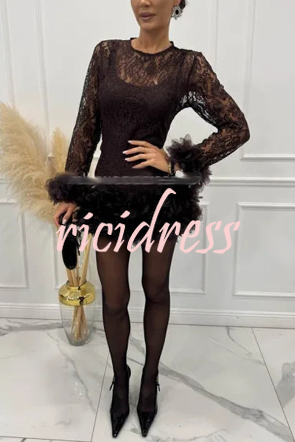 Alyssa Lace Fabric Tulle Layered Petals Trim Long Sleeve Mini Dress