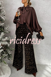 Chic and Merry Satin Bow Neck Batwing Sleeve Loose-fitting Blouse