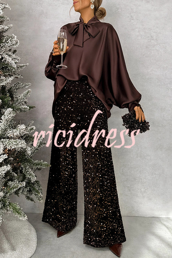 Chic and Merry Satin Bow Neck Batwing Sleeve Loose-fitting Blouse