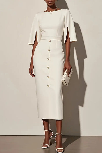 Solid Color Round Neck Slit Sleeve Waist Button Decoration Midi Dress