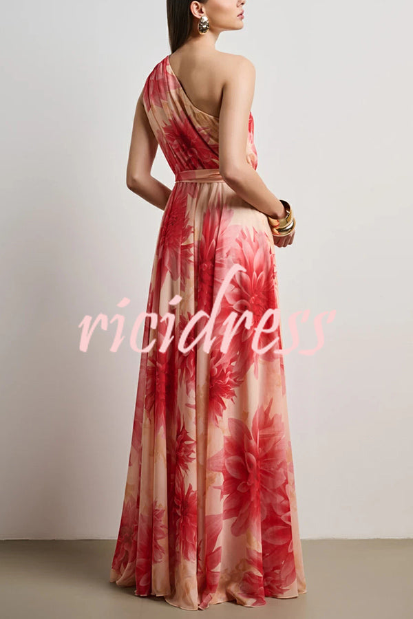 Floral Print One Shoulder Waist Tie Full Hem Resort Style Maxi Dress