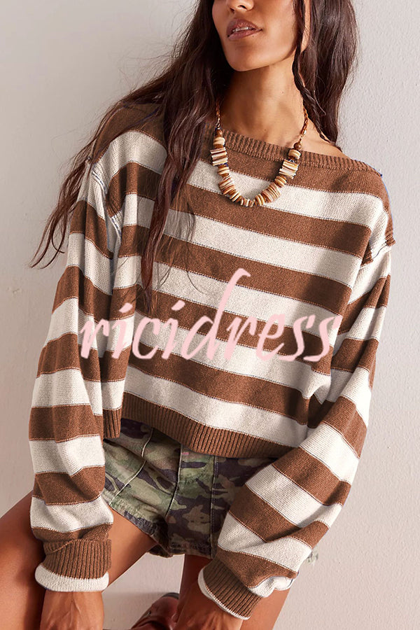 Striped Print Crew Neck Long Sleeve Loose Knitted Sweater