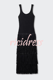 Solid Color Sleeveless Slim Fit Fringed Hem Knitted Midi Dress