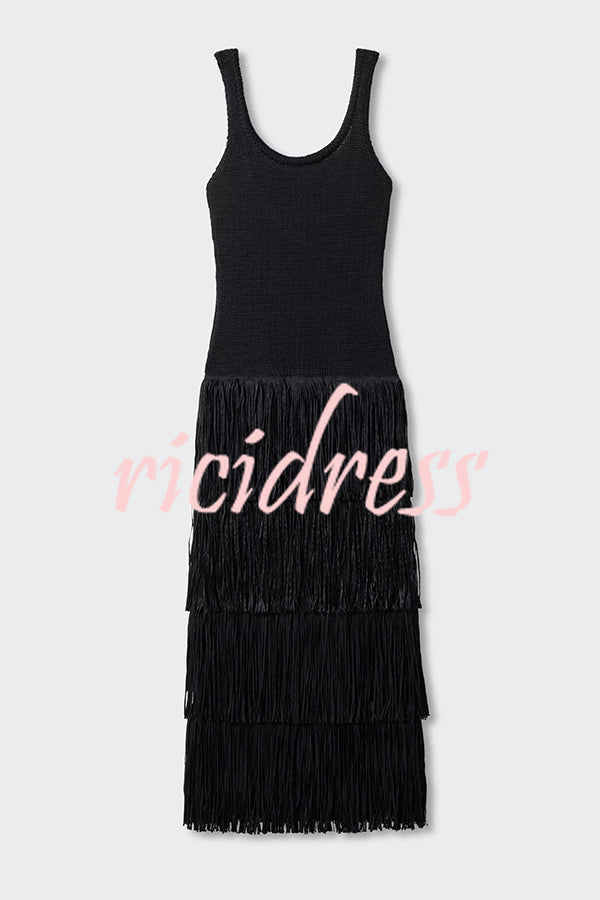 Solid Color Sleeveless Slim Fit Fringed Hem Knitted Midi Dress