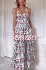 Summer Event Linen Blend Floral Pocketed Halter Maxi Dress
