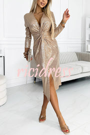 Coralia Sequin V-neck Long Sleeve Twist Waist Front Slit Midi Dress
