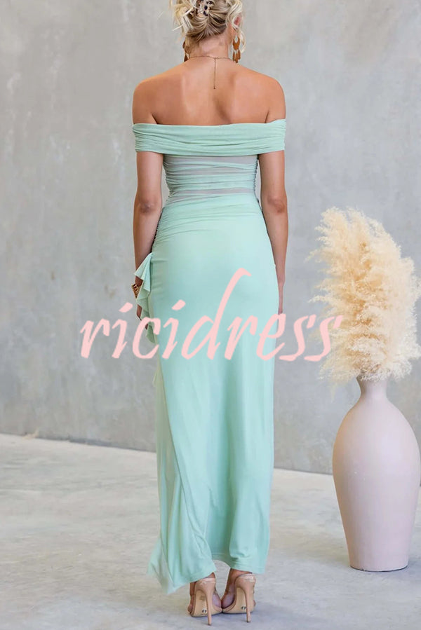Sexy Mesh Off-shoulder Slim Fit Ruffled Slit Maxi Dress