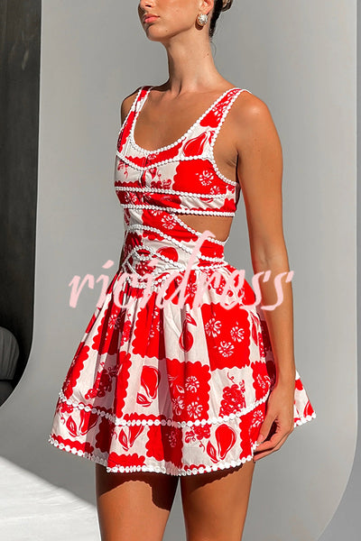 Holiday Colors Ric Rac Trims Unique Print Cutout Round Neck Mini Dress