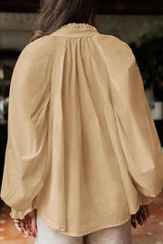 Solid Color V-neck Ruffled Lantern Sleeve Loose Casual Shirt