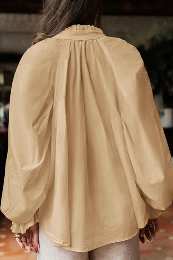Solid Color V-neck Ruffled Lantern Sleeve Loose Casual Shirt