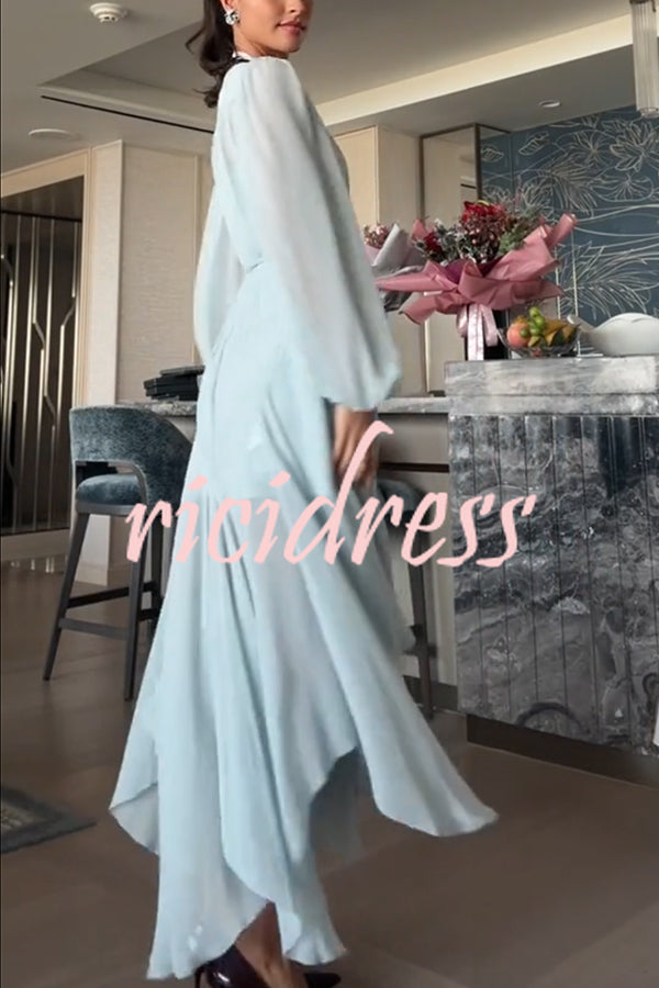 Elegant and Graceful Tie-up Neck Long Balloon Sleeve Handkerchief Midi Dress