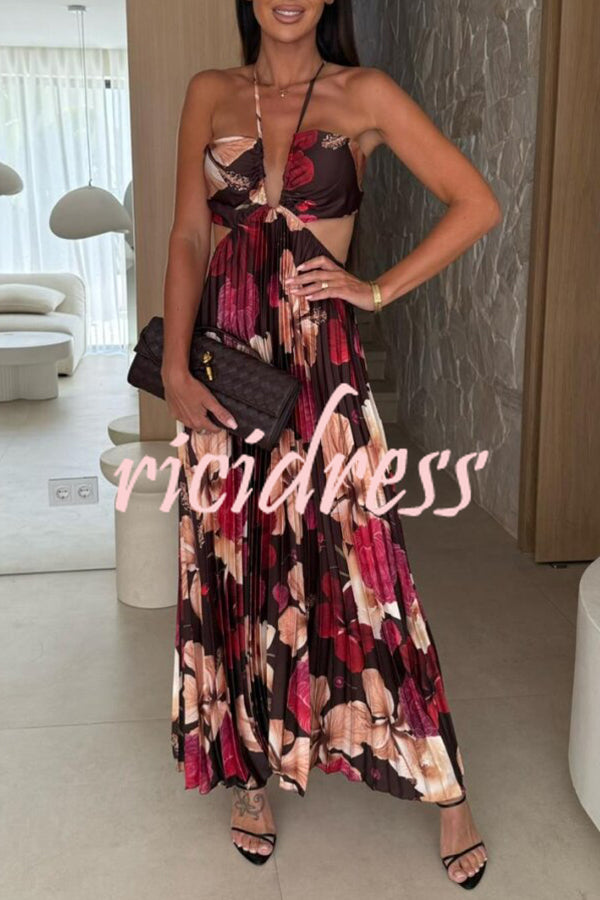 Casey Satin Floral Print Cutout Halter Back Tie-up Pleated Maxi Dress