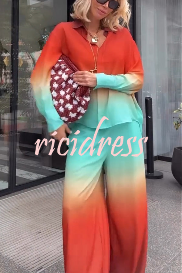 Neon Sunset Gradient Print Long Sleeve High Low Hem Blouse and Elastic Waist Loose Pants Set