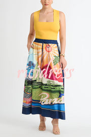 Seaside Holiday Satin Unique Print Knotted Scarf Top and Elastic Waist Loose Maxi Skirt Set