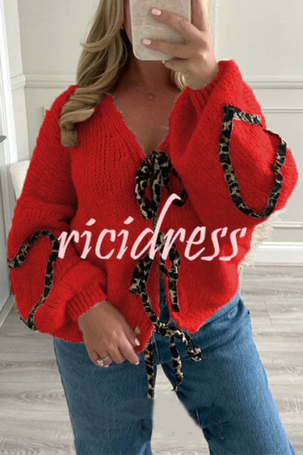 Fashionable Loose Long-sleeved Leopard Print Lace-up Knitted Sweater Cardigan