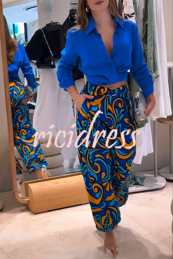 Ocean Heart Linen Blend Printed Ruched Hem Blouse and Belted High Rise Pocket Loose Pants Set