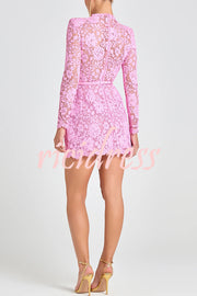 Champagne Toast Flower Lace Long Sleeve Bow Belted Mini Dress