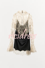 Gothic Romantic Lace Satin Patchwork High Neck Bell Sleeve Loose Mini Dress