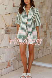 Stripe Print Lapel Short-sleeved Shirt Top and Elastic Waist Loose Shorts Set