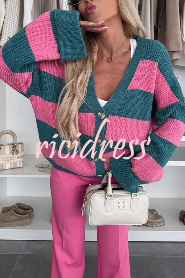 Fashion Contrast Striped Casual V-neck Long-sleeved Knitted Cardigan