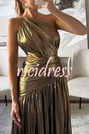 Shine Bright Metallic Fabric One Shoulder Cutout Back Lace-up Slit Maxi Dress