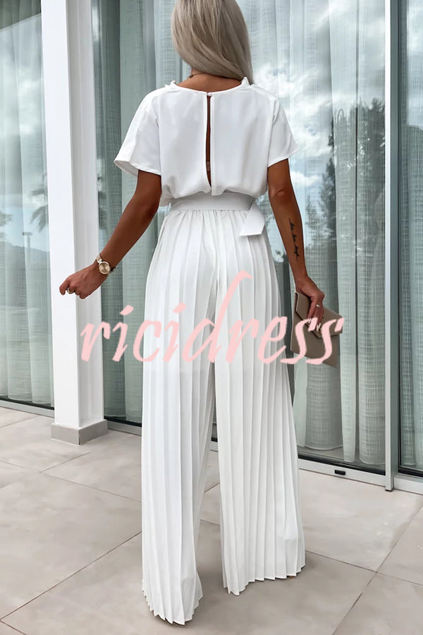 Ivy Cowl Neck Short Sleeve Belt Pleated Loose Wide Leg Jumpsuit