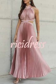 Stunning Choice Satin Pleated Halter High Neck Cutout Waist Backless Maxi Dress
