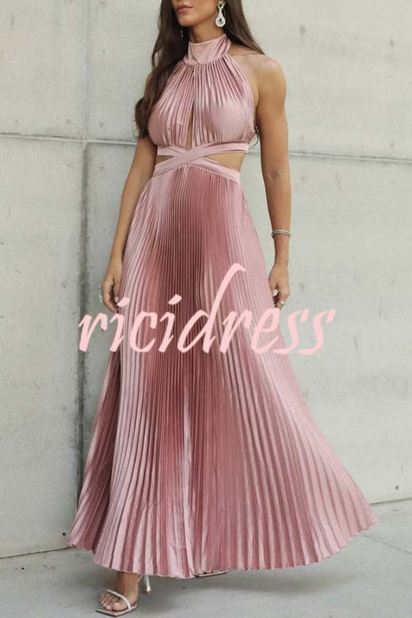 Stunning Choice Satin Pleated Halter High Neck Cutout Waist Backless Maxi Dress