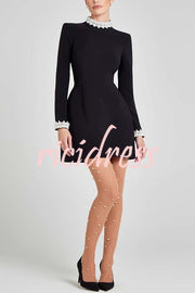 Lovers Kiss Pearl Trim High Neck Long Sleeve Pocketed Tulip Mini Dress