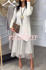 Jensine Ribbed Knit Irregular Loose Sweater and Pleated Tulle Tank Midi Dress Two-piece Set