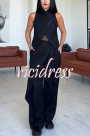Urban Charm High Stand-up Collar Oblique Buckle Design Sleeveless Vest