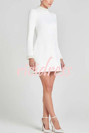 Lovers Kiss Pearl Trim High Neck Long Sleeve Pocketed Tulip Mini Dress