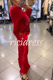 Celebration Day Sequin Patchwork Loose Sweatshirt and Satin Elastic Waist Maxi Skirt Set