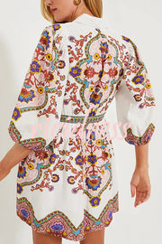 Fun and Vibrant Linen Blend Unique Print Puff Sleeve Pocketed Shirt Mini Dress