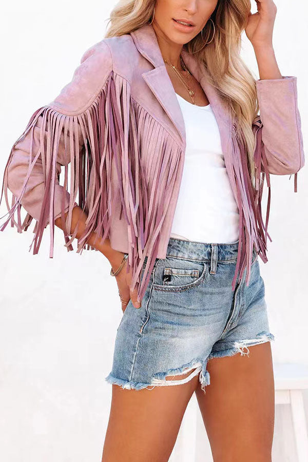 All Night Cropped Fringe Faux Suede Jacket