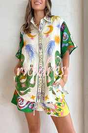 Days of Heaven Linen Blend Unique Print Blouse and Elastic Waist Pocketed Shorts Set