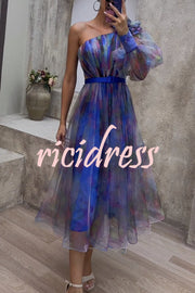 Monroe Tulle Floral Pleated One Shoulder Sleeve Belt Swing Midi Dress