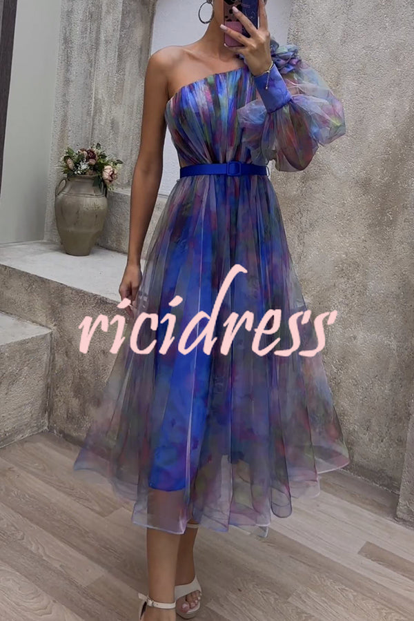 Monroe Tulle Floral Pleated One Shoulder Sleeve Belt Swing Midi Dress