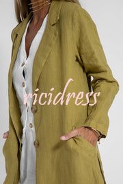 Vintage Linen Blend Pocketed Lightweight Midi Blazer Coat