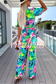 Sunny Beach Tropical Print Tie-up Top and Pocketed Elastic Waist Pants Set
