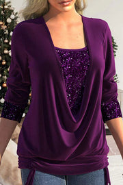 Christina Sequin Drape Neck Ruched Top