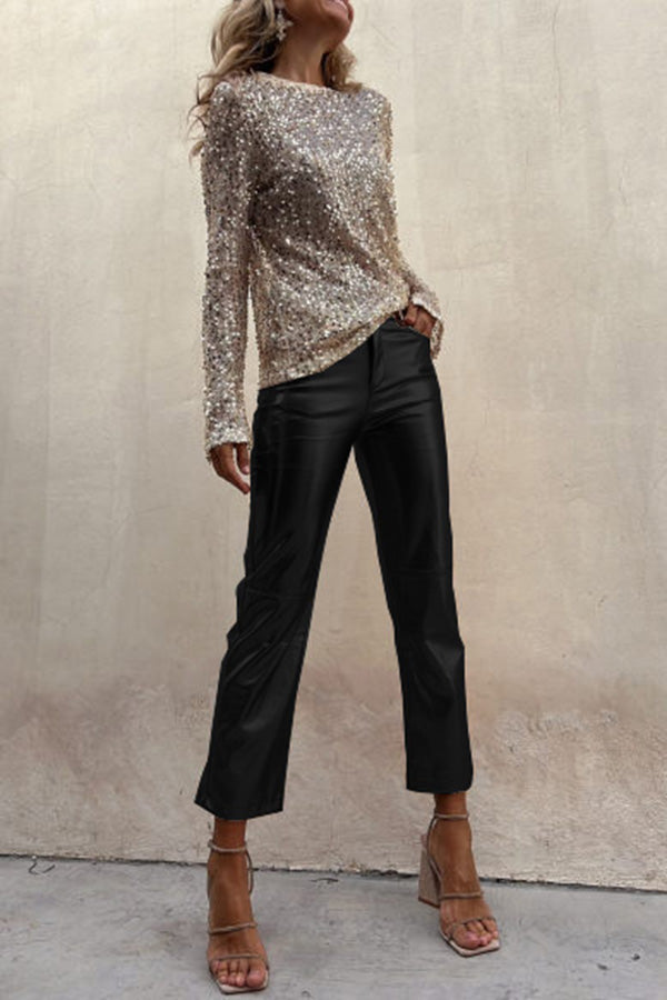 Sinclair Metallic Faux Leather High Rise Pocketed Straight Pants