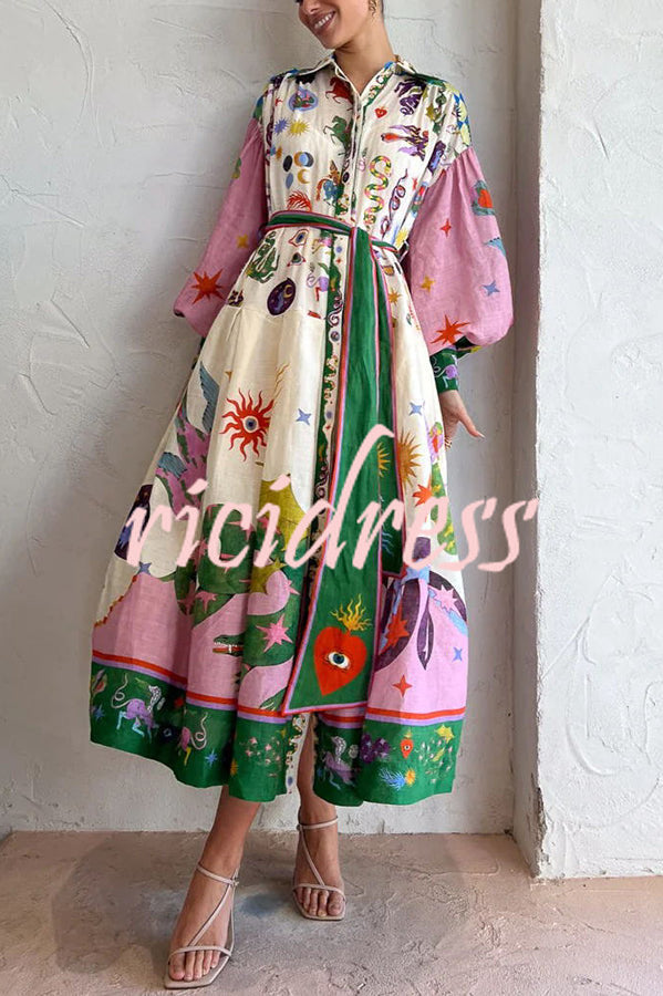 Effortless and Playful Unique Print Balloon Sleeve Shirt Midi Dress