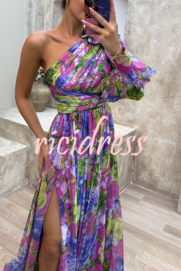 Let's Elope Floral Print Pleated One Shoulder Sleeve Slit Maxi Dress