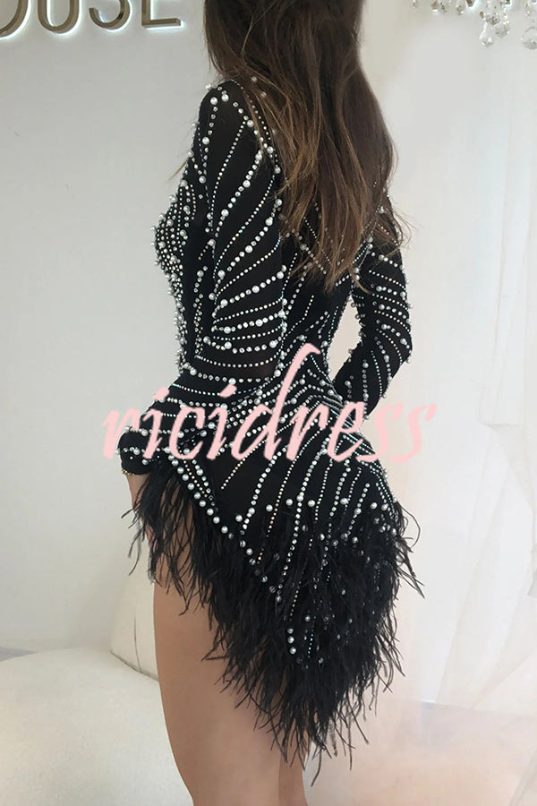 Lover Kisses Mesh Rhinestone Beaded Feather Mini Dress