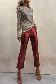 Sinclair Metallic Faux Leather High Rise Pocketed Straight Pants
