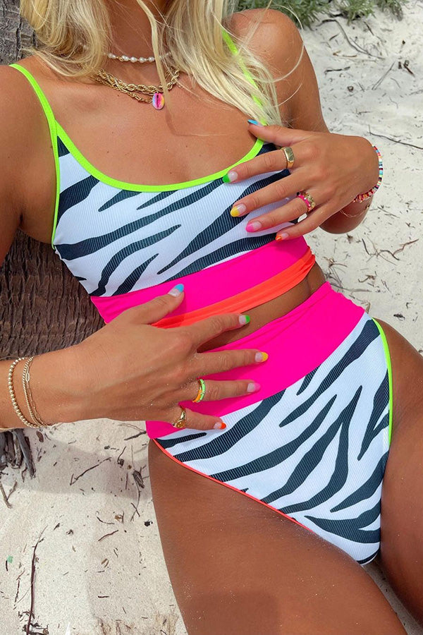 Brighten Your Day Zebra Colorblock High Waist Bikini Swimsuit