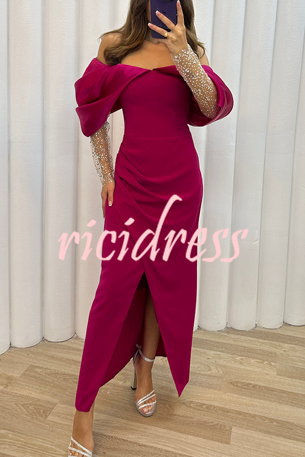 Exciting Event Tulle Off Shoulder Embellished Mesh Sleeve Ruched Maxi Dress
